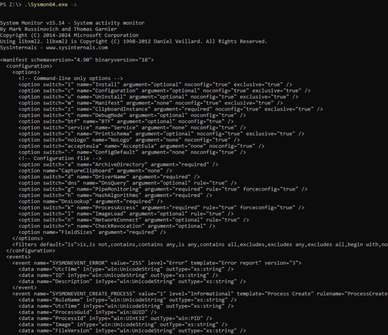 Visualisation de la configuration par défaut de "Sysmon".