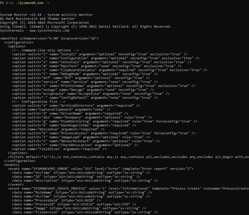 Visualisation de la configuration par défaut de "Sysmon".