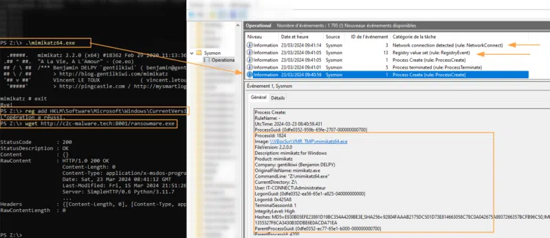Journaux d'évènement Sysmon relatifs aux actions malveillantes effectuées sur le système.