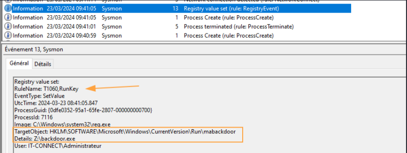 Evènement Sysmon 13, relatif au paramétrage d'une valeur dans une clé de registre (mise en place d'une backdoor par l'attaquant).
