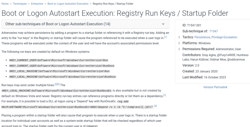 Extrait des détails du TTP1547.001 (anciennement T1060).