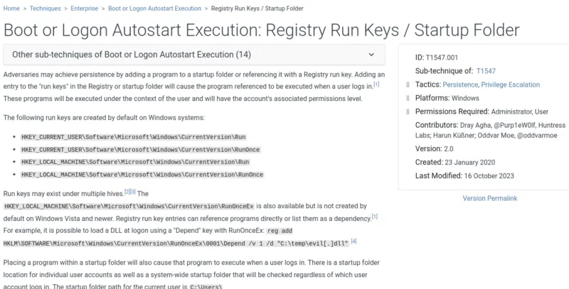 Extrait des détails du TTP1547.001 (anciennement T1060).