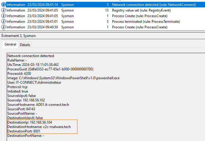 Evènement Sysmon 3 relatif à une connexion réseau sortante.