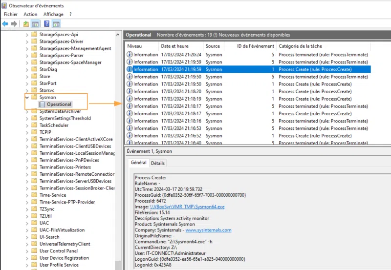 Accès aux journaux Sysmon dans l'observateur d'évènement Windows.