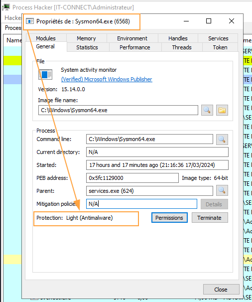 Vue de la protection PPL du processus "Sysmon64.exe" via "ProcessHacker".