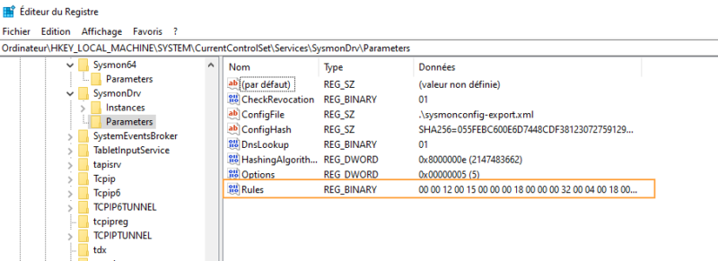Stockage de la configuration actuelle de Sysmon dans une clé de registre.