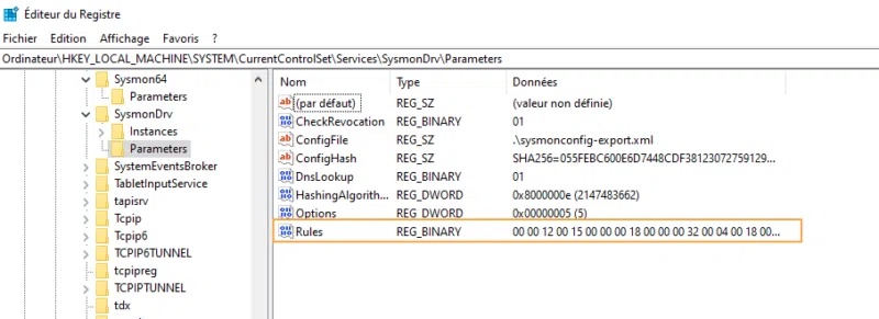 Stockage de la configuration actuelle de Sysmon dans une clé de registre.