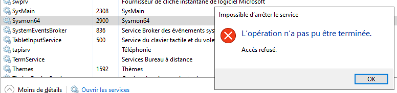 Tentative d'arrêt du service "Sysmon64" en tant qu'administrateur via le Gestionnaire des tâches.