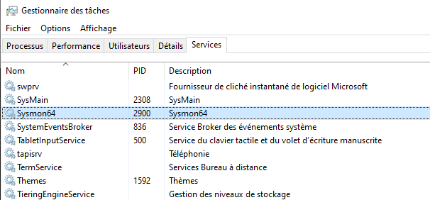 Présence du service "Sysmon64" dans la liste des services du Gestionnaire des tâches.
