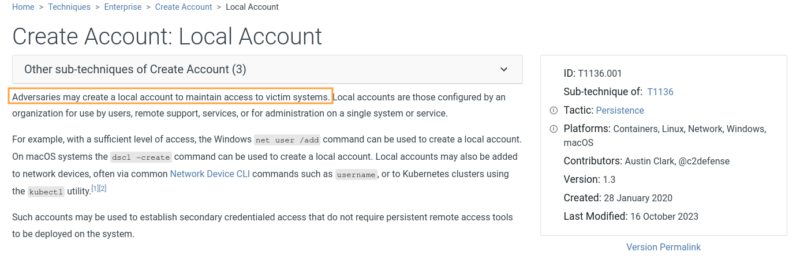 TTP 1136.001 relatif à l'opération de création d'un compte local à des fins de persistance.
