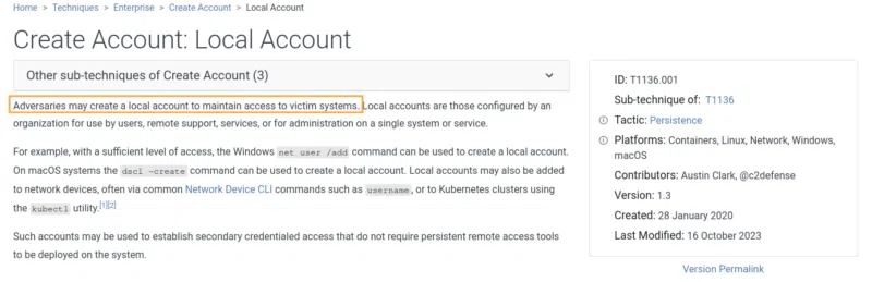 TTP 1136.001 relatif à l'opération de création d'un compte local à des fins de persistance.