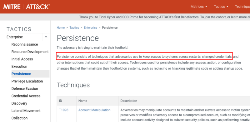 Présentation de la tactic "Persistence" sur framework MITRE ATT&CK.