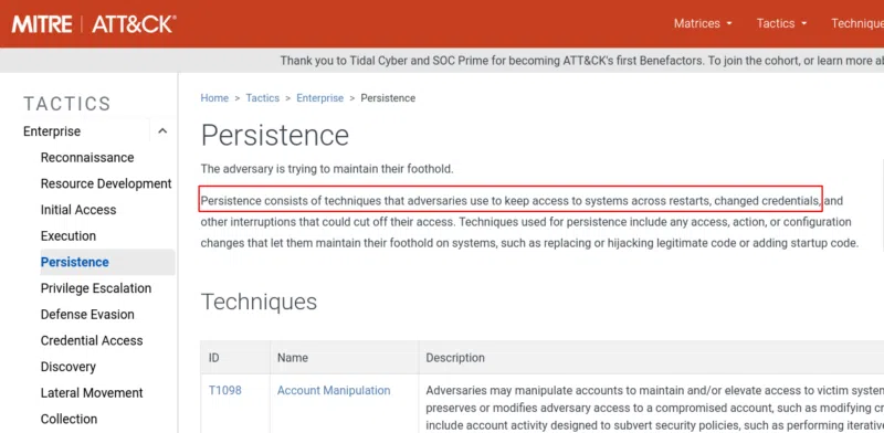 Présentation de la tactic "Persistence" sur framework MITRE ATT&CK.