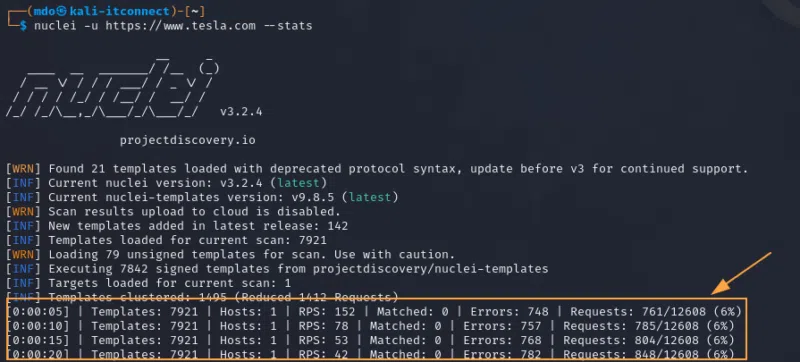 Utilisation de l'option "-stats" de Nuclei.
