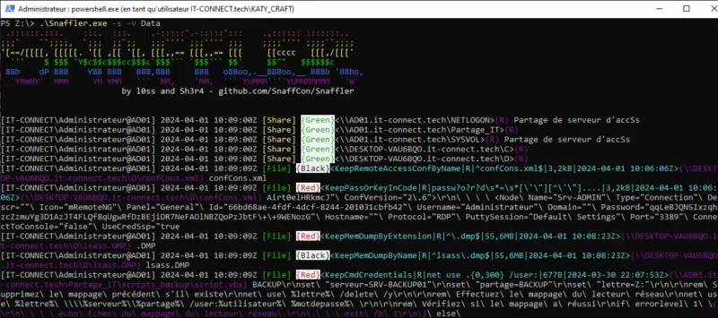 Exemple de sortie produite par Snaffler avec découverte d'informations sensibles.