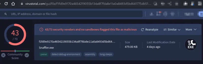 Analyse VirusTotal de la dernière version de Snaffler.exe.
