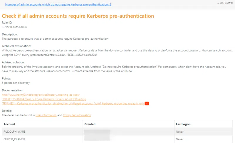 Exemple de vulnérabilité rapportée et documentée par PingCastle.