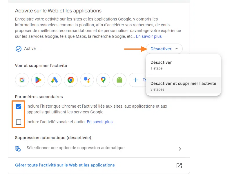 Google My Activity - Désactiver historique compte Google