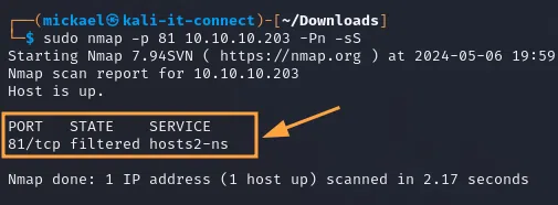 Affichage Nmap lors du scan d'un port filtré.