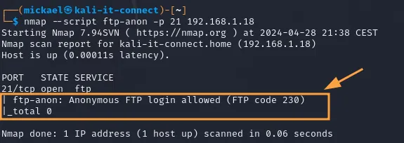 Utilisation d’un script NSE pour vérifier la présence d’une authentification anonyme FTP via Nmap.