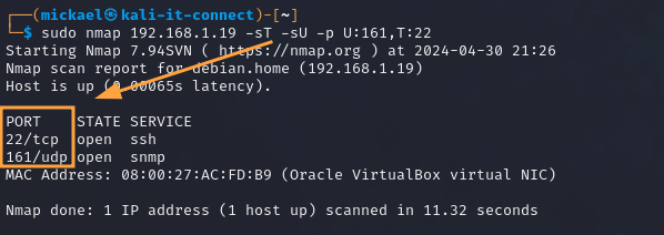 Résultat d’un scan sur des ports TCP et UDP avec Nmap.