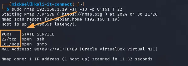 Résultat d’un scan sur des ports TCP et UDP avec Nmap.