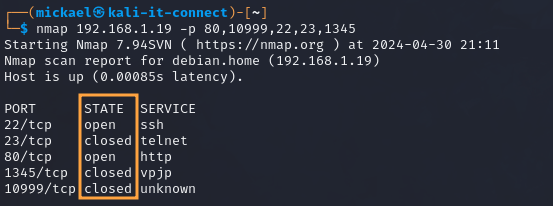 Résultat d’un scan Nmap TCP sur les ports indiqués.