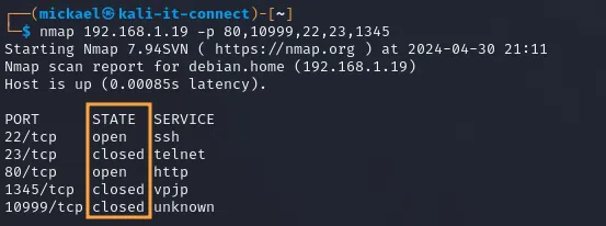 Résultat d’un scan Nmap TCP sur les ports indiqués.