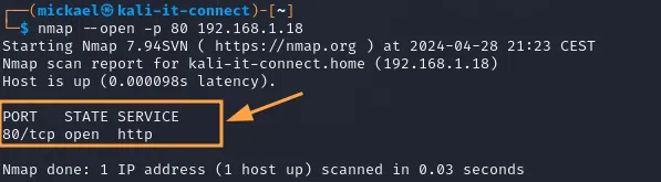 Utilisation de Nmap pour récupérer l’état du service web sur un serveur distant.