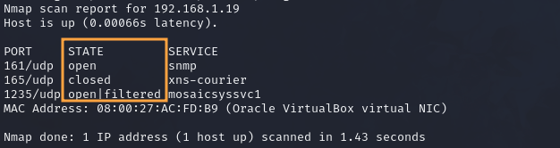 Résultats possibles d’un scan UDP réalisé via Nmap.