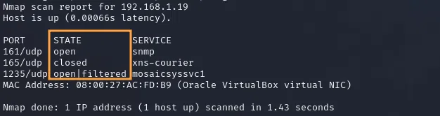 Résultats possibles d’un scan UDP réalisé via Nmap.