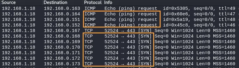 Paquets ICMP et TCP capturés lors du scan d’un réseau distant via Nmap et avec ses options par défaut.