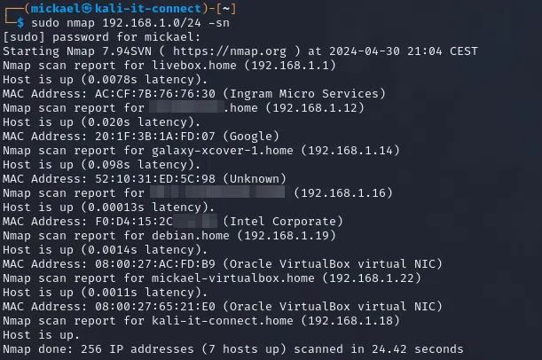 Résultat d’une découverte réseau sans scan de port avec Nmap.