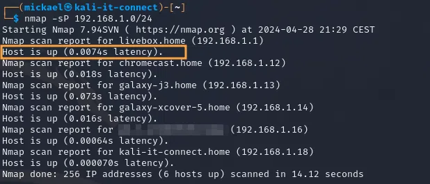 Utilisation de Nmap pour découvrir les hôtes joignables d’un réseau.