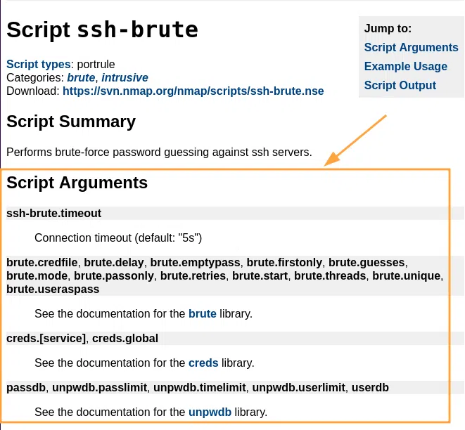 Liste des arguments pouvant être passés au script NSE “ssh-brute” de Nmap.