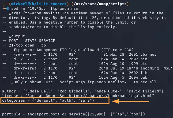 Indication des catégories du script NSE “ftp-anon”.