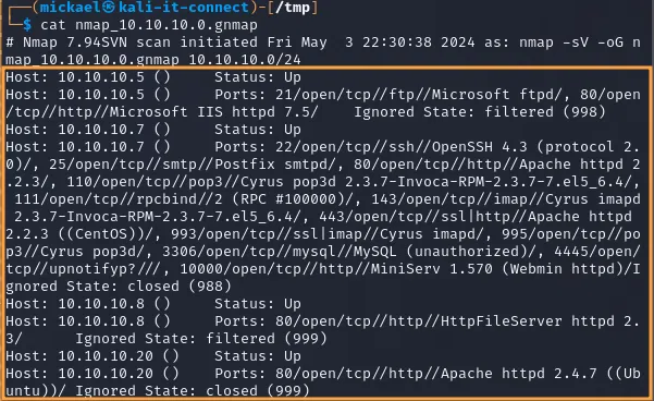 Scan réseau Nmap et sortie au format “greppable”.