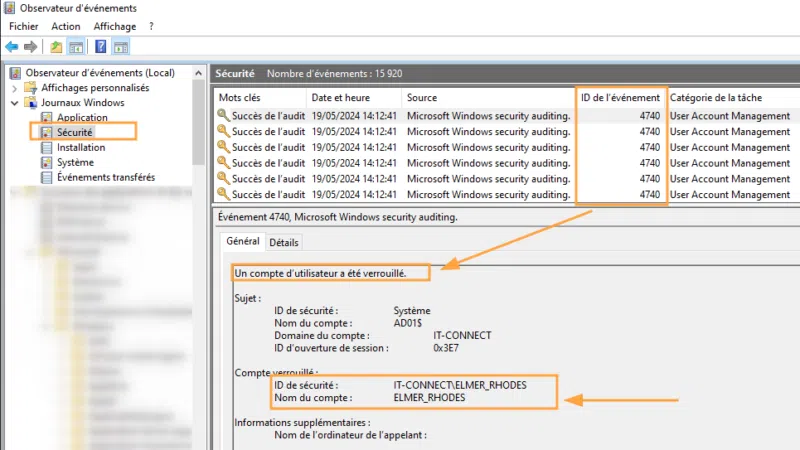 Evènements 4740 permettant de signaler le verrouillage d’un compte utilisateur du domaine.
