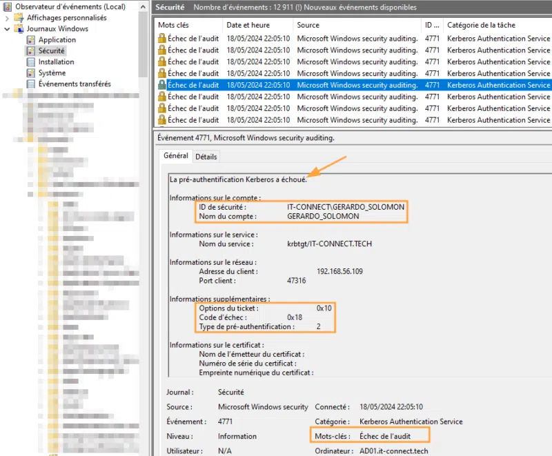Contenu d’un évènement 4771 dans le journal “Security”.
