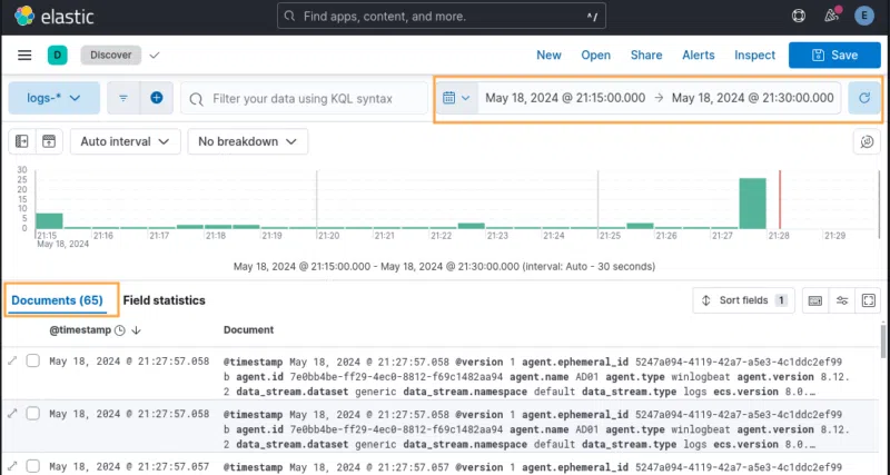 Visualisation des journaux de sécurité remontés dans ELK après plusieurs milliers de tentatives d’authentification.