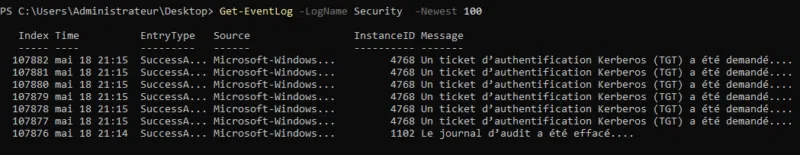 Utilisation de “Get-EventLog” pour récupérer les 100 derniers évènements du journal “Security”.