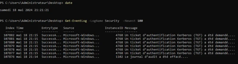 Utilisation de “Get-EventLog” pour récupérer les 100 derniers évènements du journal “Security”.
