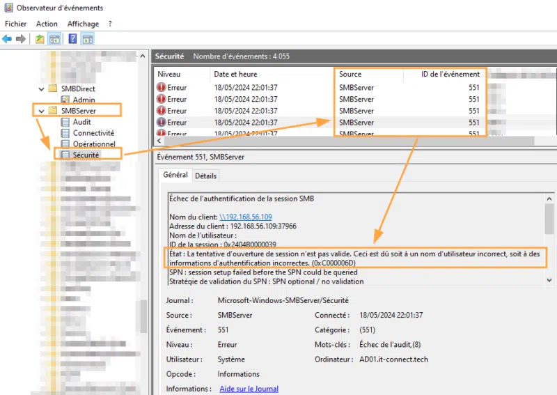 Présence de journaux relatifs à des échecs d’authentification sur le service SMB du serveur.