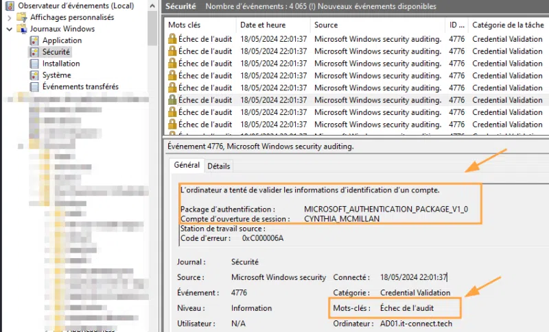 Exemple d’évènement concernant l’échec d’authentification d’un utilisateur sur une machine du domaine.