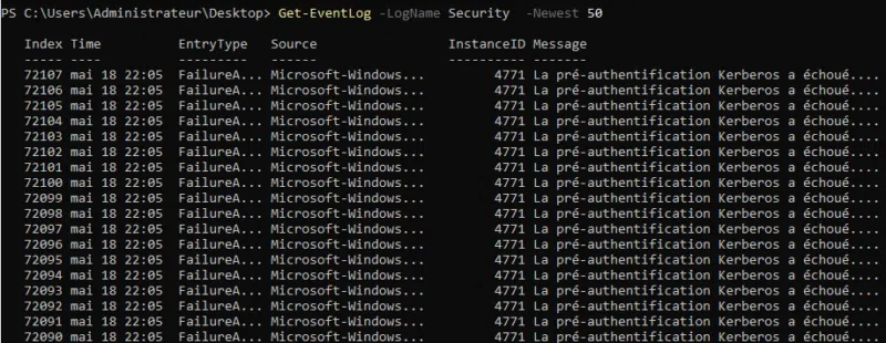 Evènements 4471 du journal “Security” relatif à des échecs de pré-authentification.