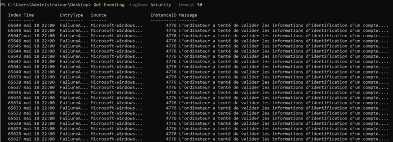 Voici à présent les logs que l’on peut visualiser lors d’une attaque par bruteforce sur le service Kerberos lorsque la stratégie d’audit est correctement configurée :